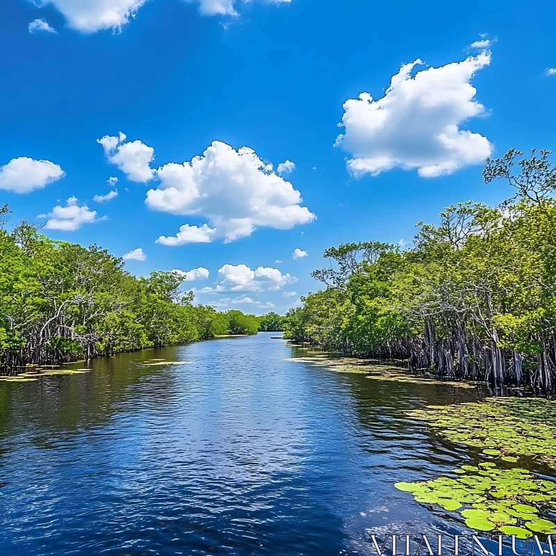 Peaceful River with Greenery and Clear Sky AI Image