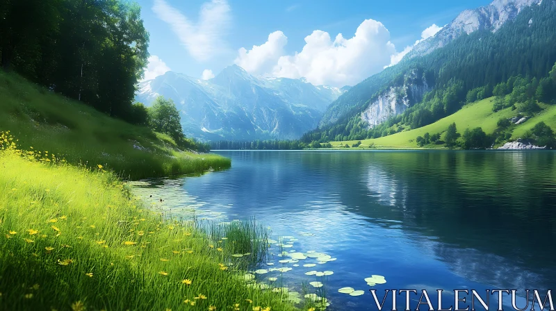 AI ART Serene Lake with Lush Greenery and Mountains