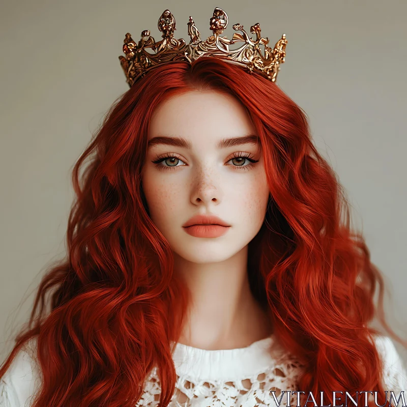 AI ART Regal Red-Haired Beauty Wearing a Gold Crown