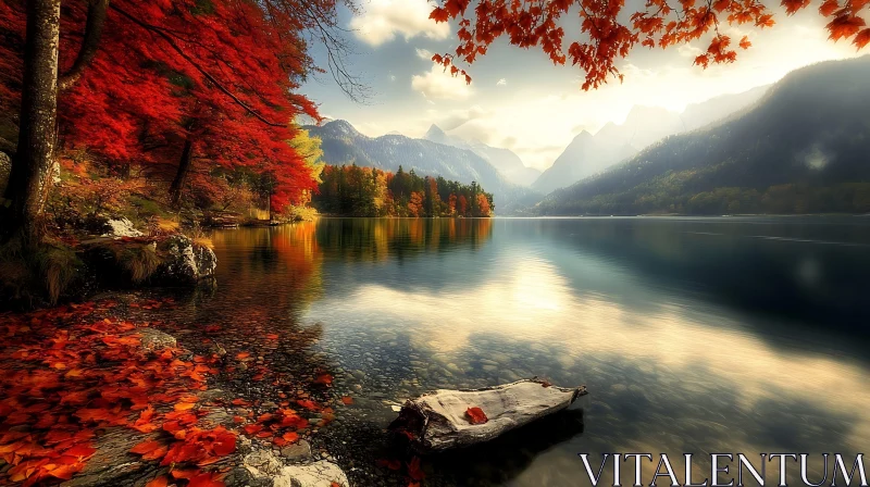 Tranquil Autumn Scene with Lake and Mountains AI Image