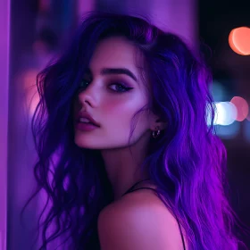 Vibrant Neon Portrait of a Woman with Purple Hair