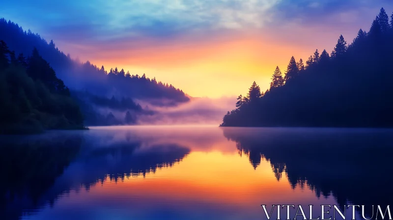 Tranquil Forest Lake at Dusk with Mist AI Image