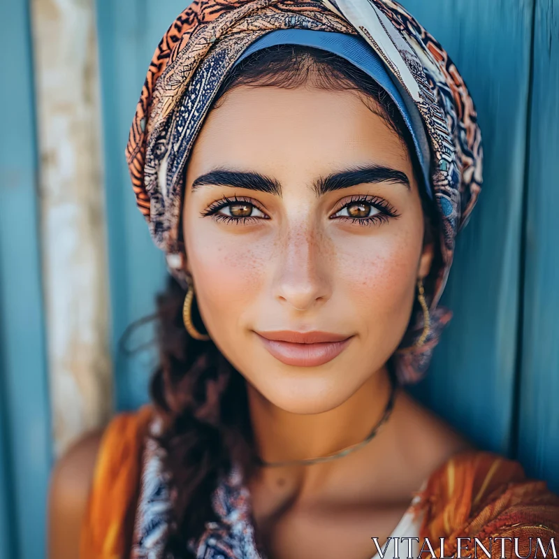 Portrait of a Woman with Freckles and Headscarf AI Image