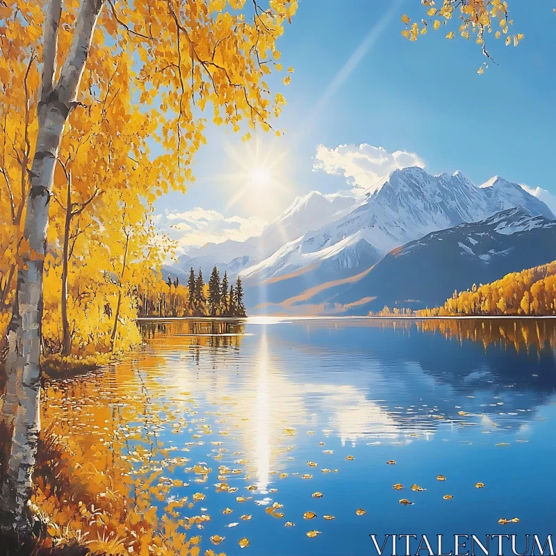 Golden Autumn Scene by the Lake with Majestic Mountains AI Image