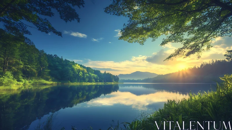 Peaceful Lake Scene at Sunset AI Image