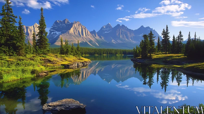 Serene Lake Reflecting Pine Trees and Mountains AI Image