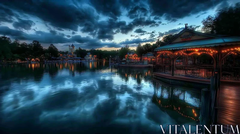 Illuminated Pier by Night with Reflections AI Image