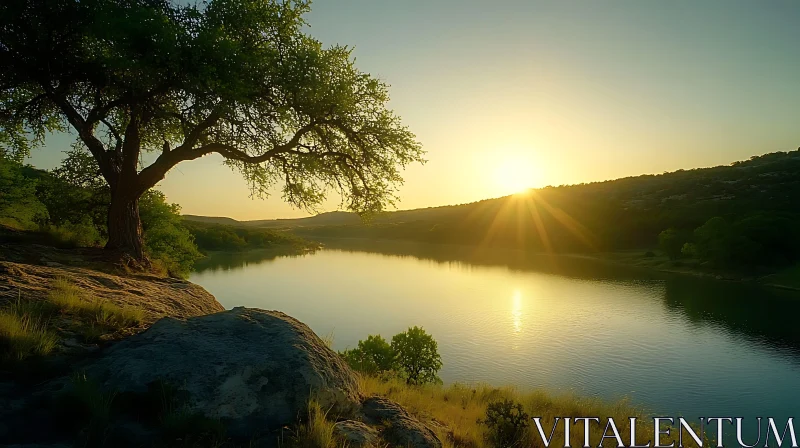 Golden Sunset by the Lake with Overhanging Tree AI Image