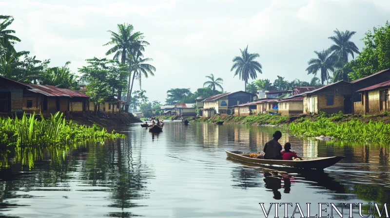 AI ART Serene Rural Village by the River