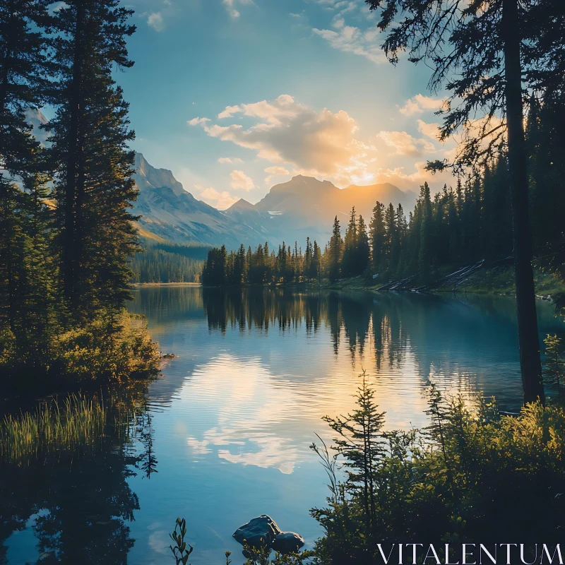 Peaceful Morning Lake Scene with Mountains AI Image