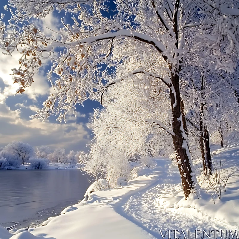 Winter Wonderland Along a Serene River AI Image