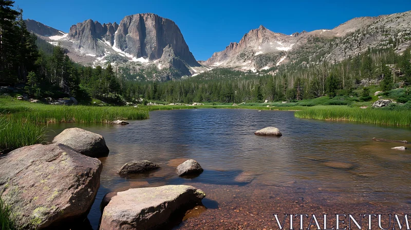 Tranquil Lake Amidst Towering Mountain Cliffs AI Image