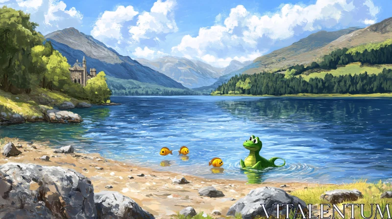 Whimsical Landscape with Lake Monster AI Image