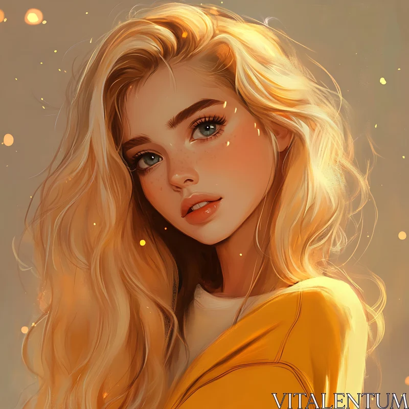 Blonde Woman in Yellow Top with Freckles AI Image