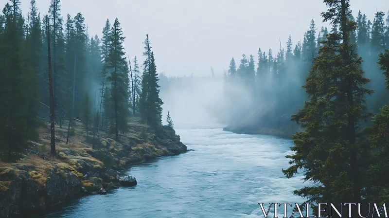 Tranquil River Amidst Misty Pine Forest AI Image