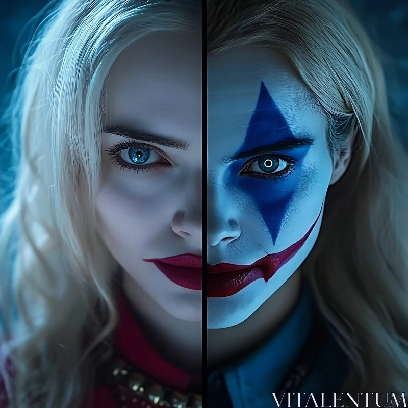 Woman's Natural vs Clown Makeup Split Portrait AI Image