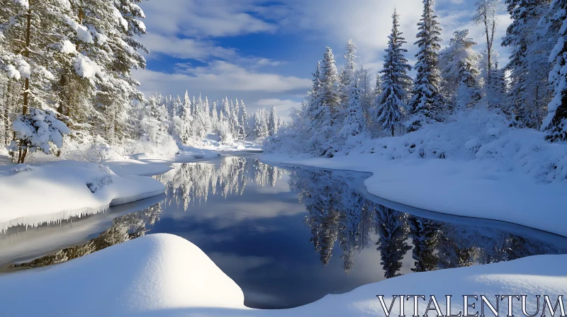 Peaceful Snowy Forest River Scene AI Image