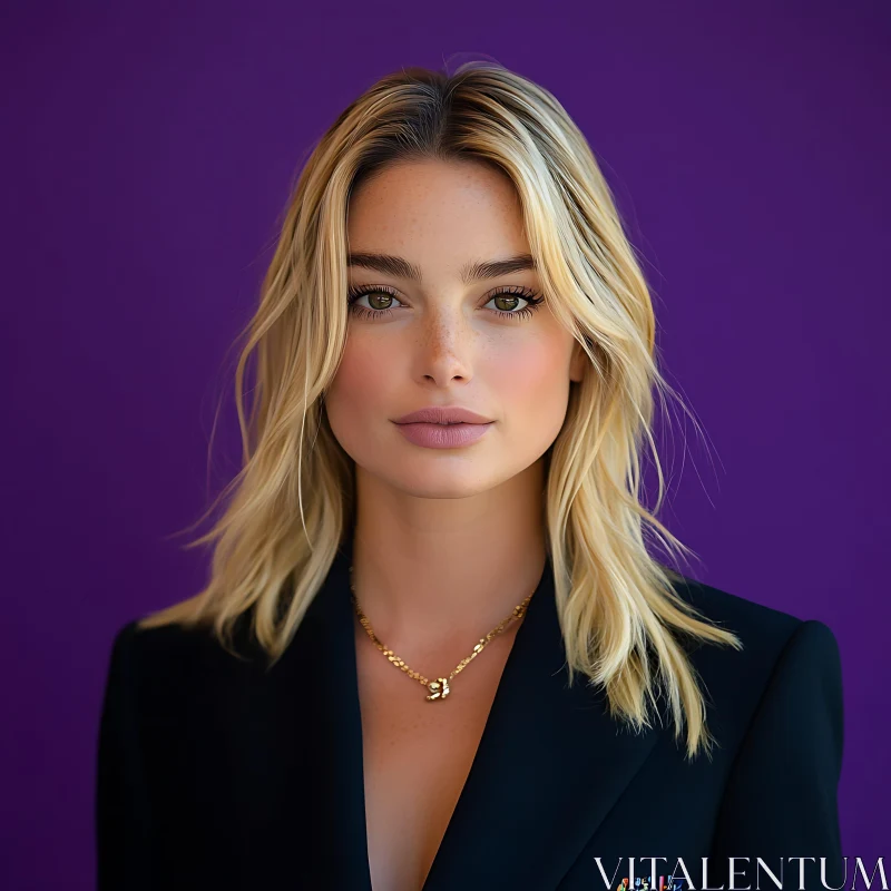 Blonde Woman in Black Blazer with Purple Background AI Image