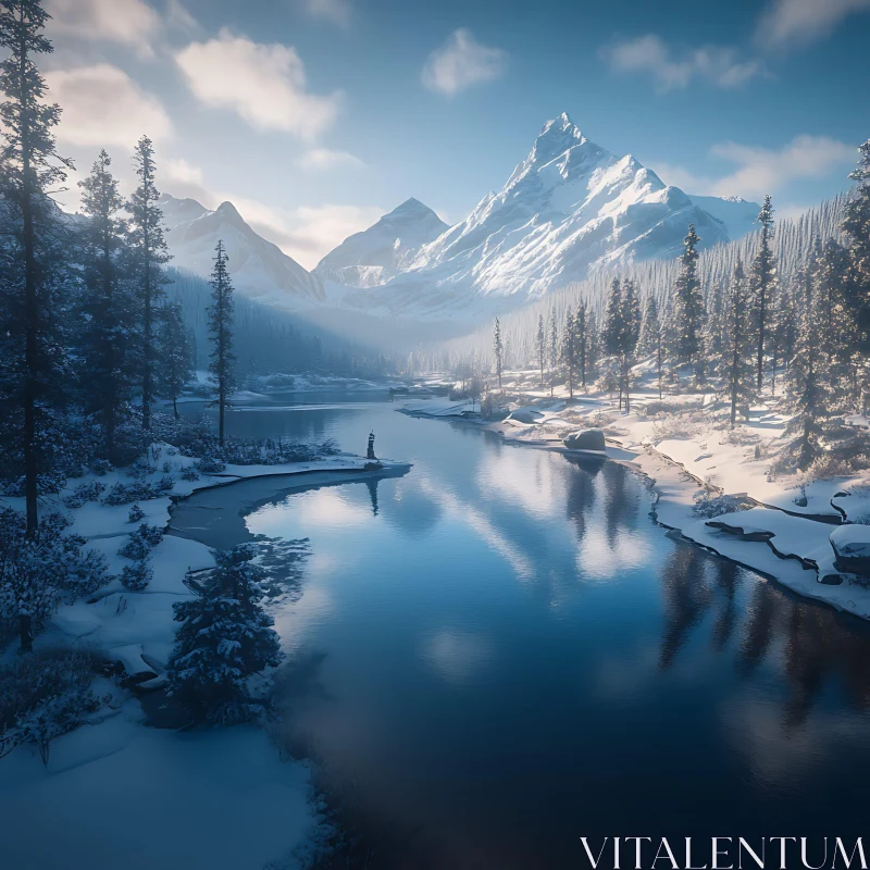 AI ART Serene Winter Mountain Landscape with River