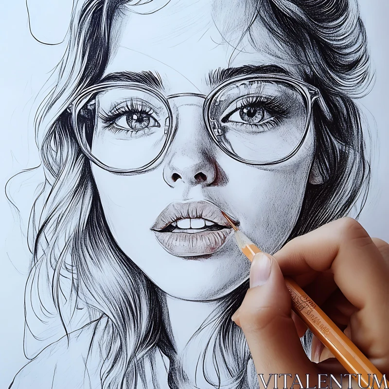 Pencil Portrait of a Girl with Glasses AI Image