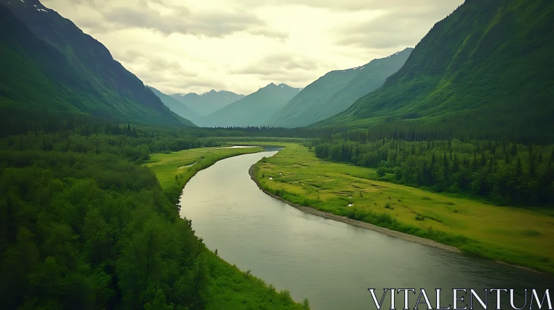 Tranquil River Valley and Majestic Mountains AI Image