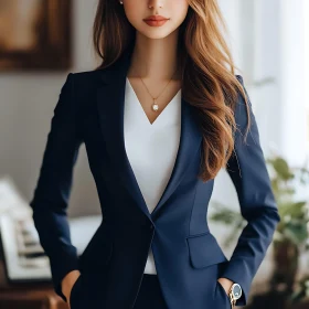 Professional Woman in Tailored Navy-Blue Attire