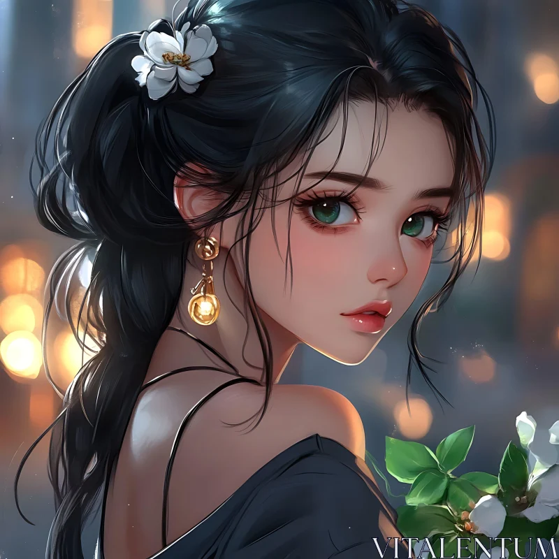 Anime Portrait of a Woman with Flowers and City Lights AI Image