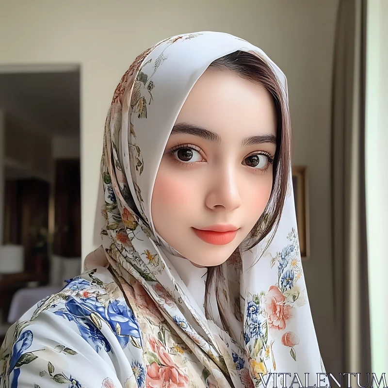 Portrait of Woman with Floral Headscarf AI Image