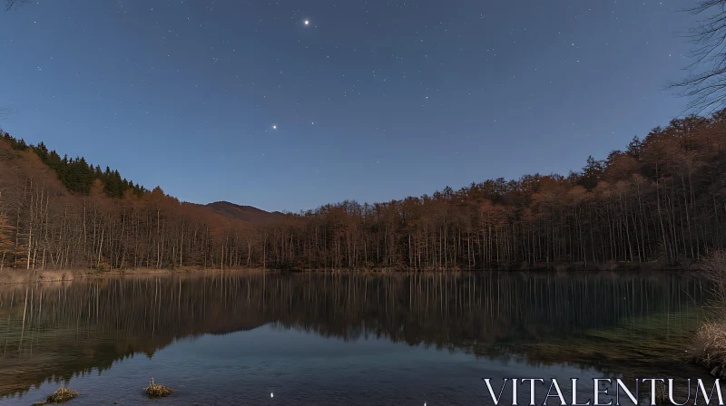 Serene Nocturnal Landscape with Starry Night and Calm Lake AI Image