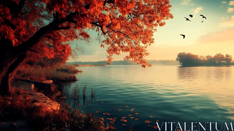 Golden Autumn Lake with Tree and Birds AI Image