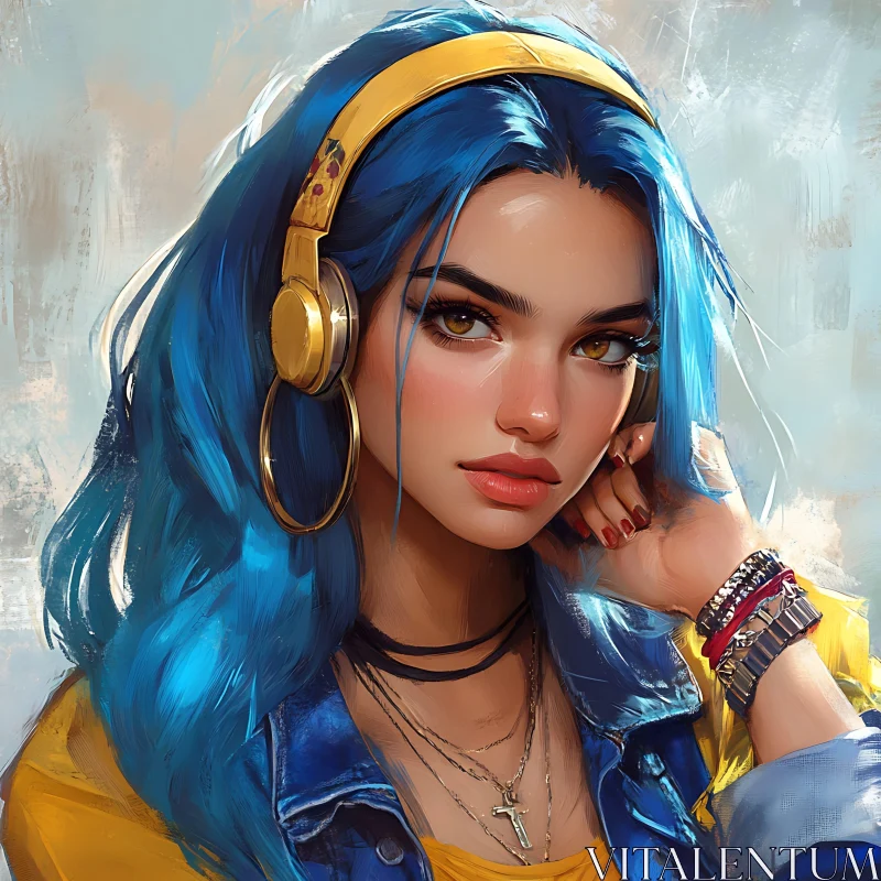 Blue-Haired Anime Girl with Yellow Headphones AI Image