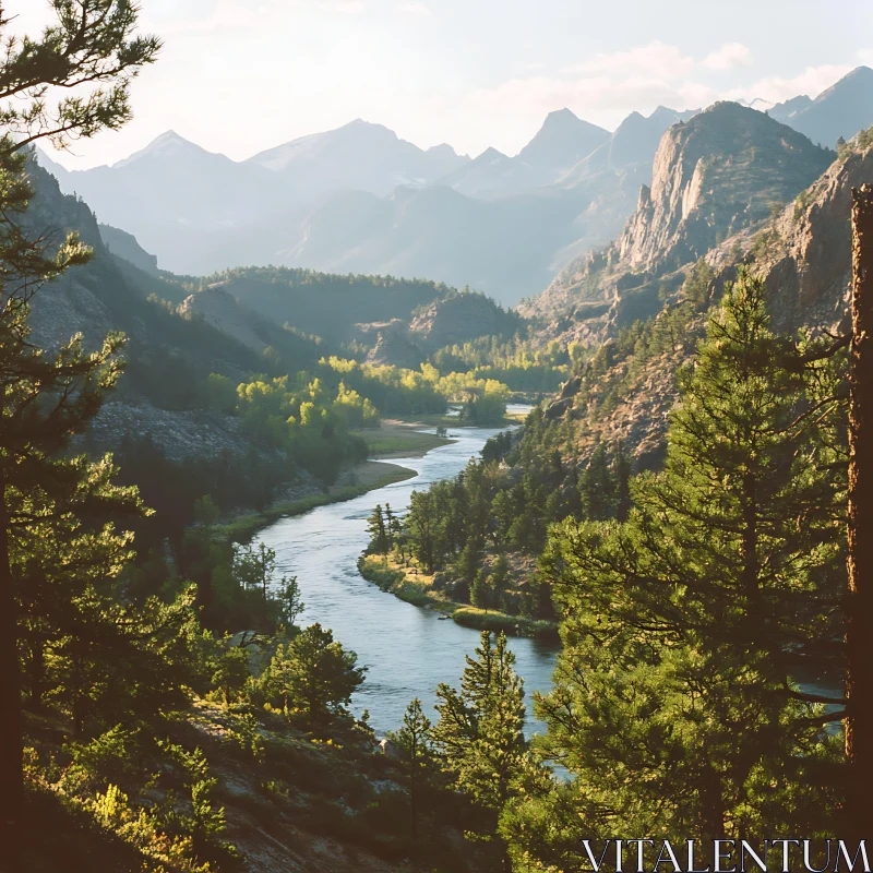 Serene Valley with Pine Trees and River AI Image