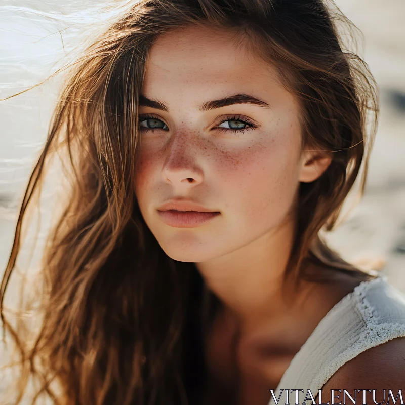 Freckled Woman with Wavy Hair Portrait AI Image