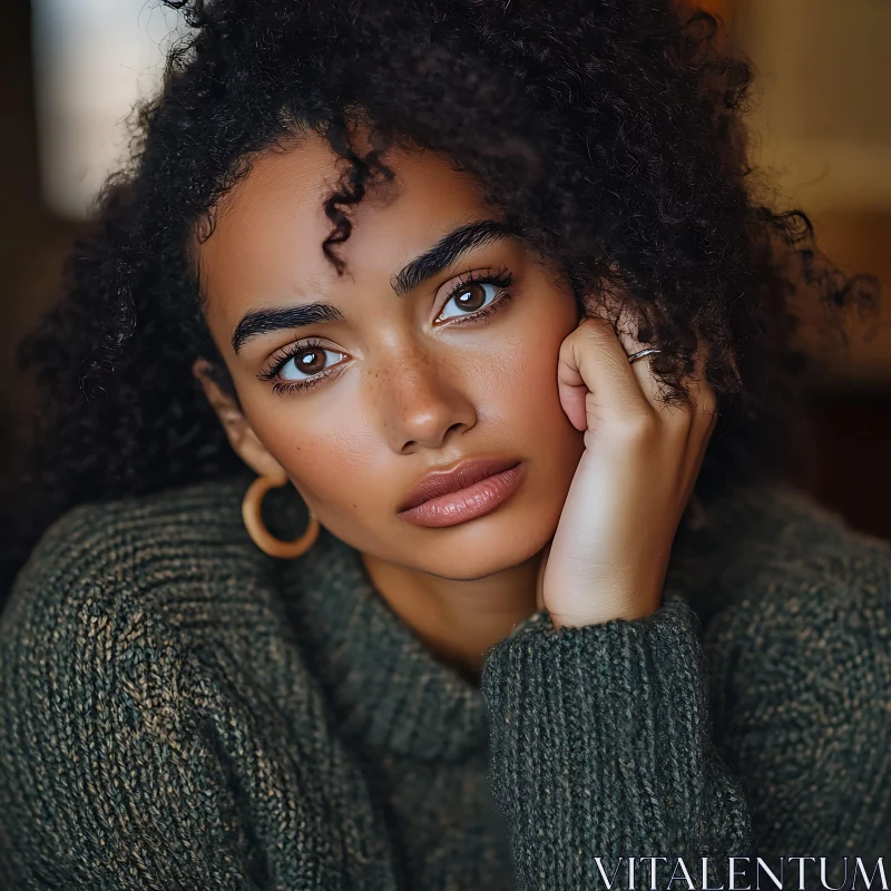 Contemplative Woman's Portrait with Freckles and Curly Hair AI Image