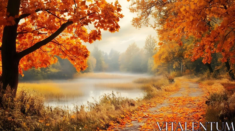 Autumn Lake Scene with Mist and Leafy Path AI Image