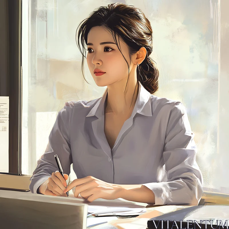 Office Scene of a Woman Writing AI Image