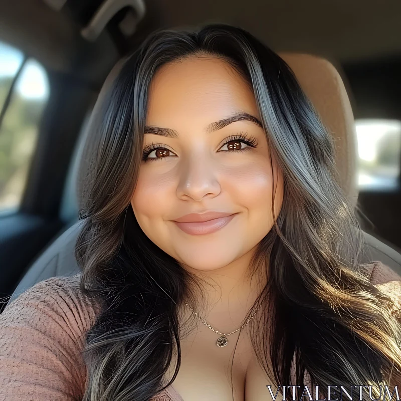 Close-Up of a Smiling Woman with Dark Hair AI Image