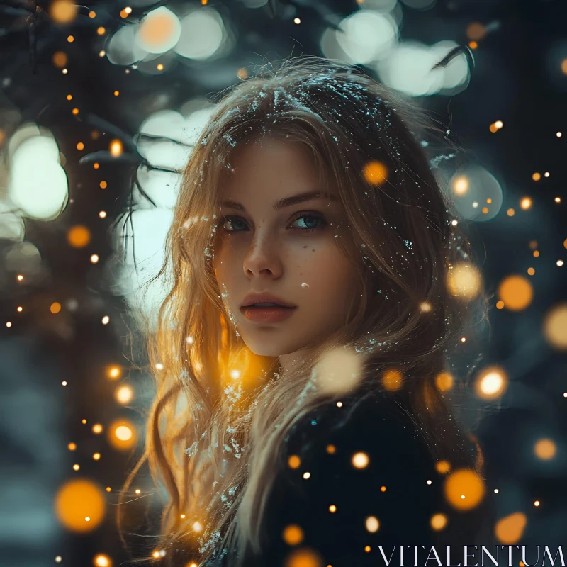 Dreamy Snow-Covered Woman in Ambient Light AI Image