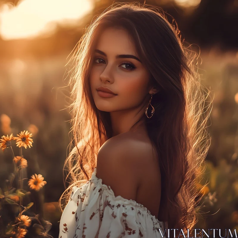 Woman in White Blouse at Sunset AI Image