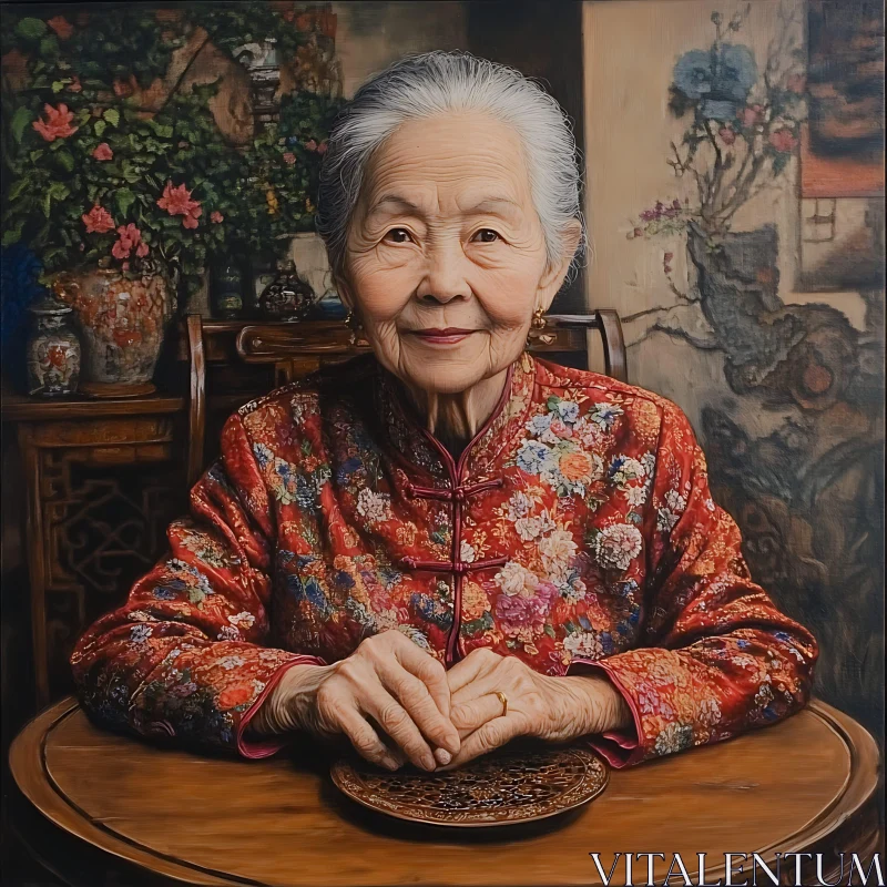 Portrait of an Elderly Woman in Red Traditional Attire AI Image