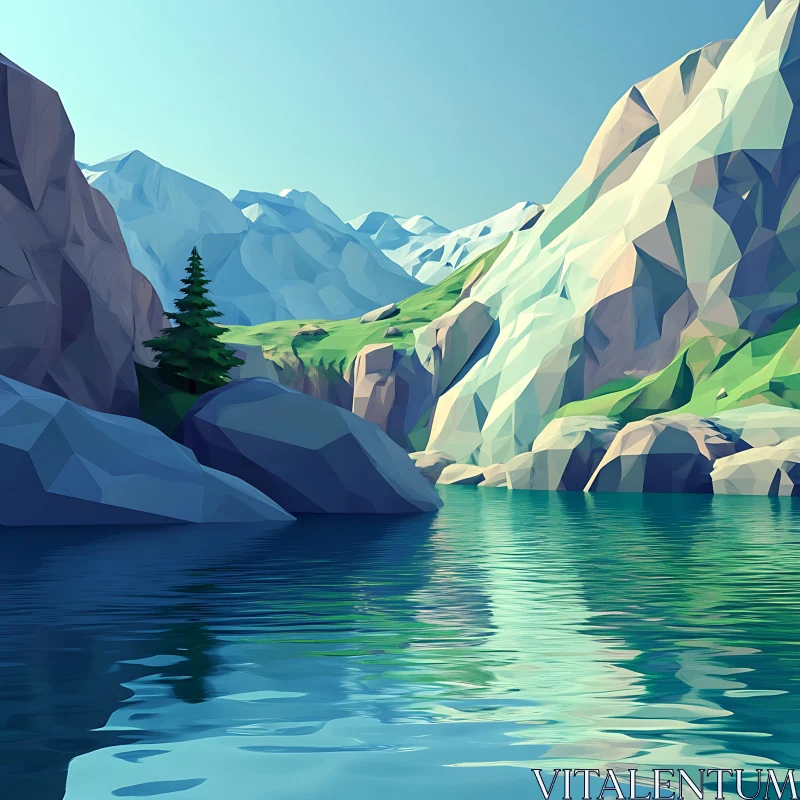 Geometric Landscape with Lake and Mountains AI Image