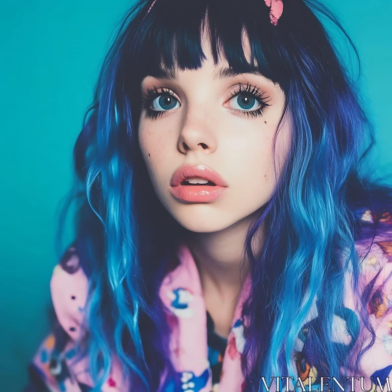 Colorful Portrait of a Woman with Freckles and Blue Hair AI Image