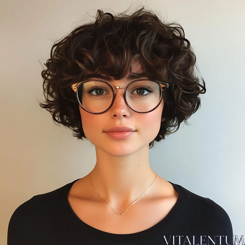 Curly Haired Woman Portrait Wearing Glasses AI Image