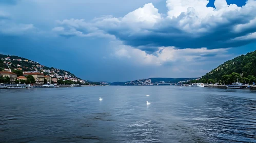 Calm Lake Scene with Swans and Hillside Houses