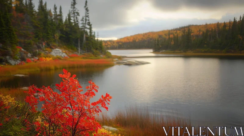 Serene Lake with Autumnal Colors and Forest AI Image