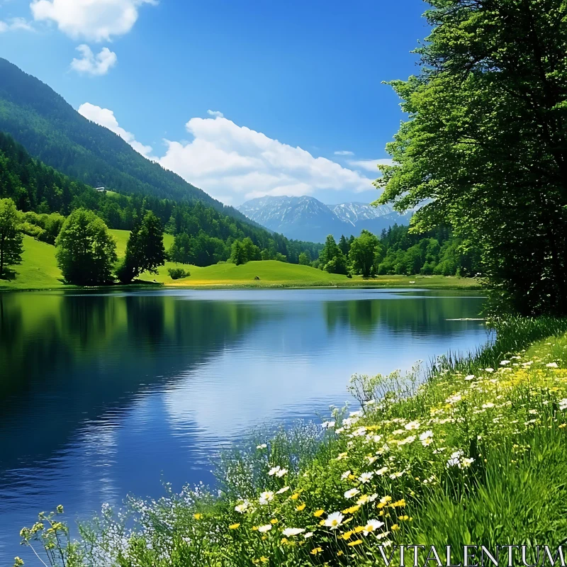 Tranquil Lakeside Scenery AI Image