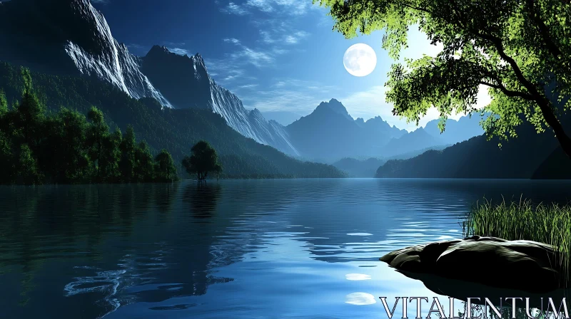 Peaceful Lake and Mountain Landscape Under Moonlight AI Image