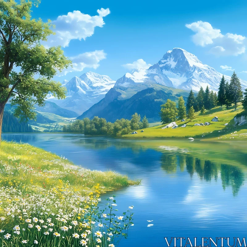 Tranquil Mountain Landscape with Reflective Lake AI Image