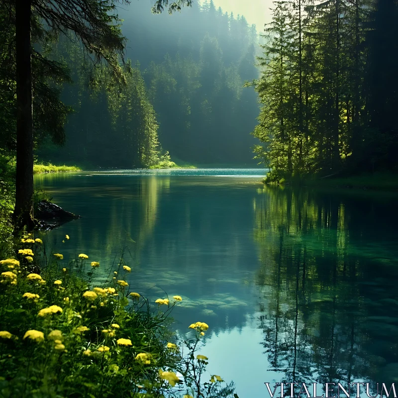 Peaceful Lake with Forest Reflection AI Image