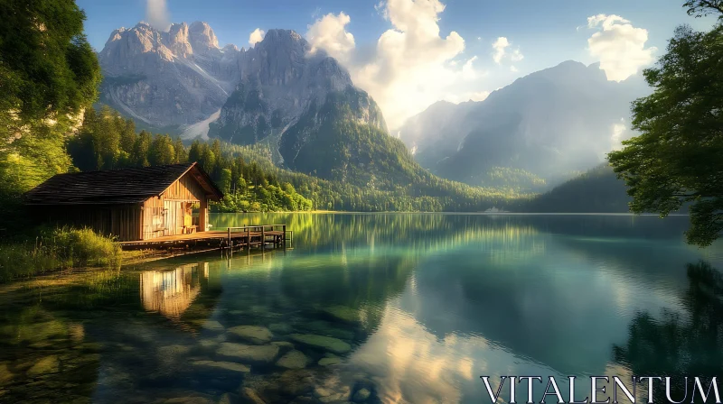 Tranquil Cabin by the Lake Surrounded by Majestic Mountains AI Image